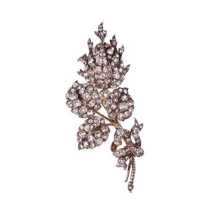 Diamond cluster rose bud spray brooch, naturalistically modelled. | MasterArt